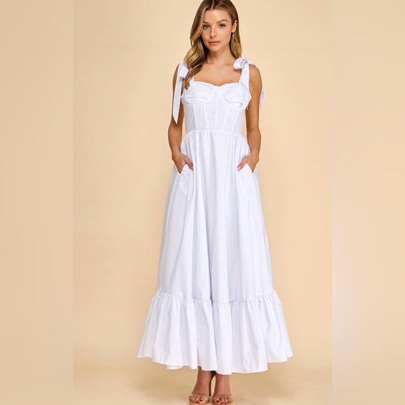 COTTON BALL Chic White Maxi Dress with Bow Straps - Picture 2 of 4